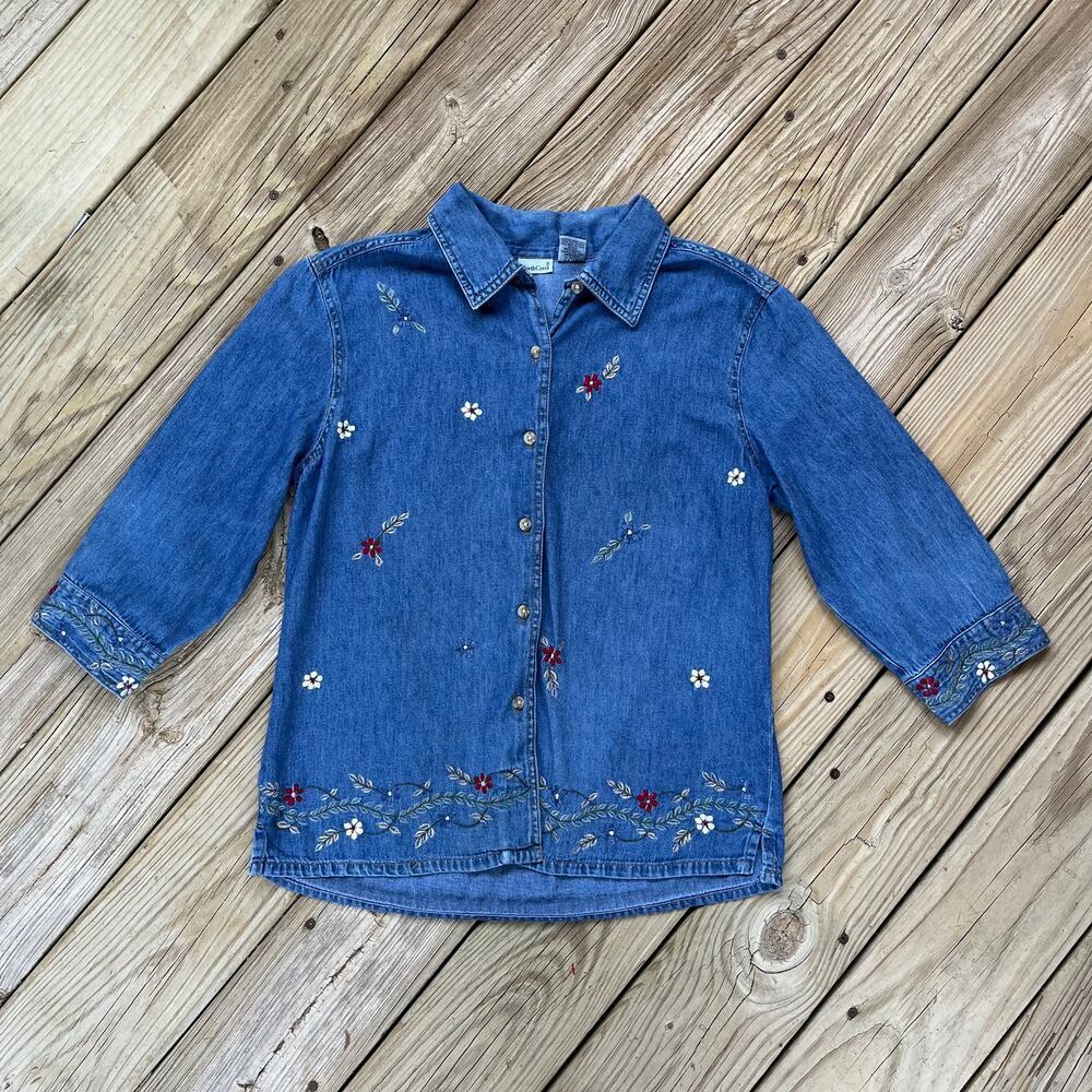 Northcrest Women's Vintage Blue Denim Floral Embroidered Top Size M